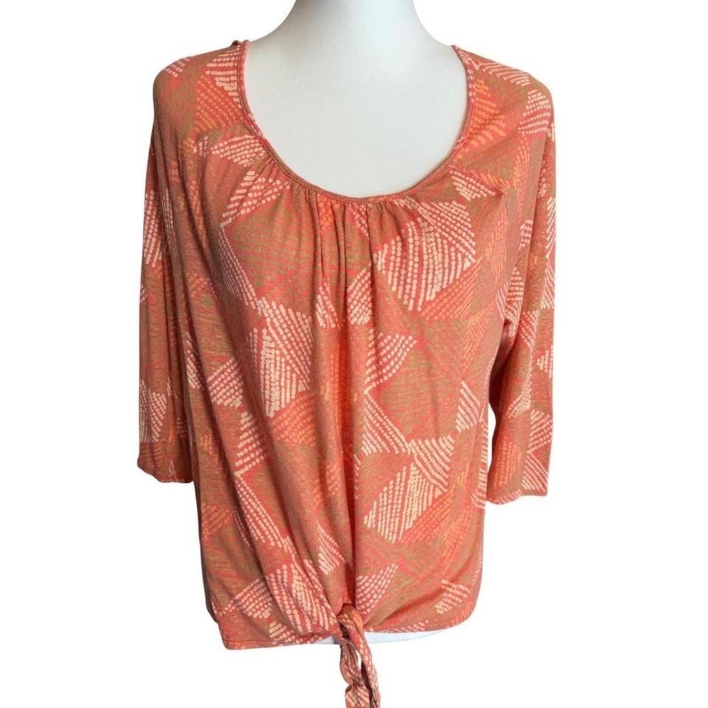 Lucky Brand Womens XL Coral Geometric Tie Front 3/4‎ Sleeve Knit Top Scoop Neck